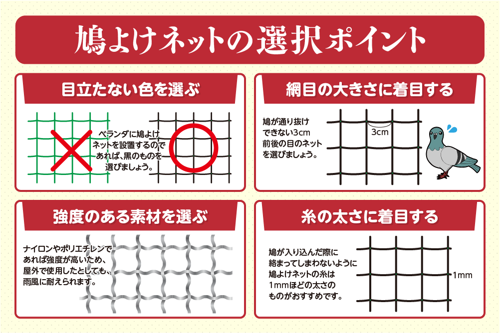 鳩よけネットを選ぶときの4つのポイント