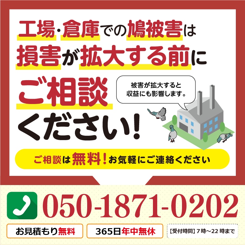 🏭・倉庫での鳩被害は損害が拡大する前にご相談ください
