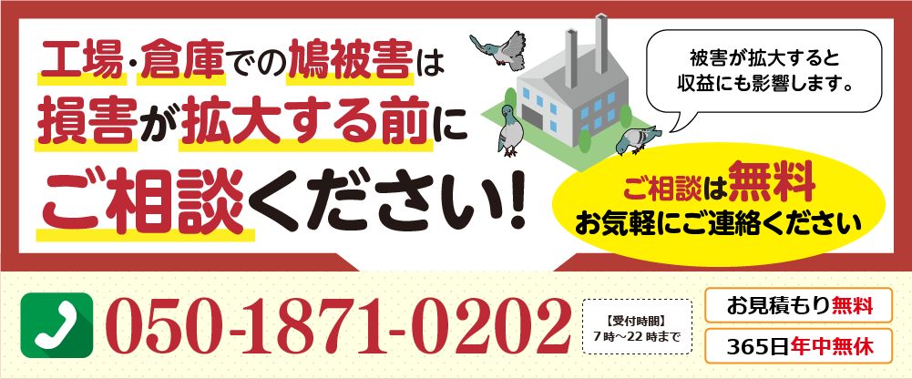 🏭・倉庫での鳩被害は損害が拡大する前にご相談ください