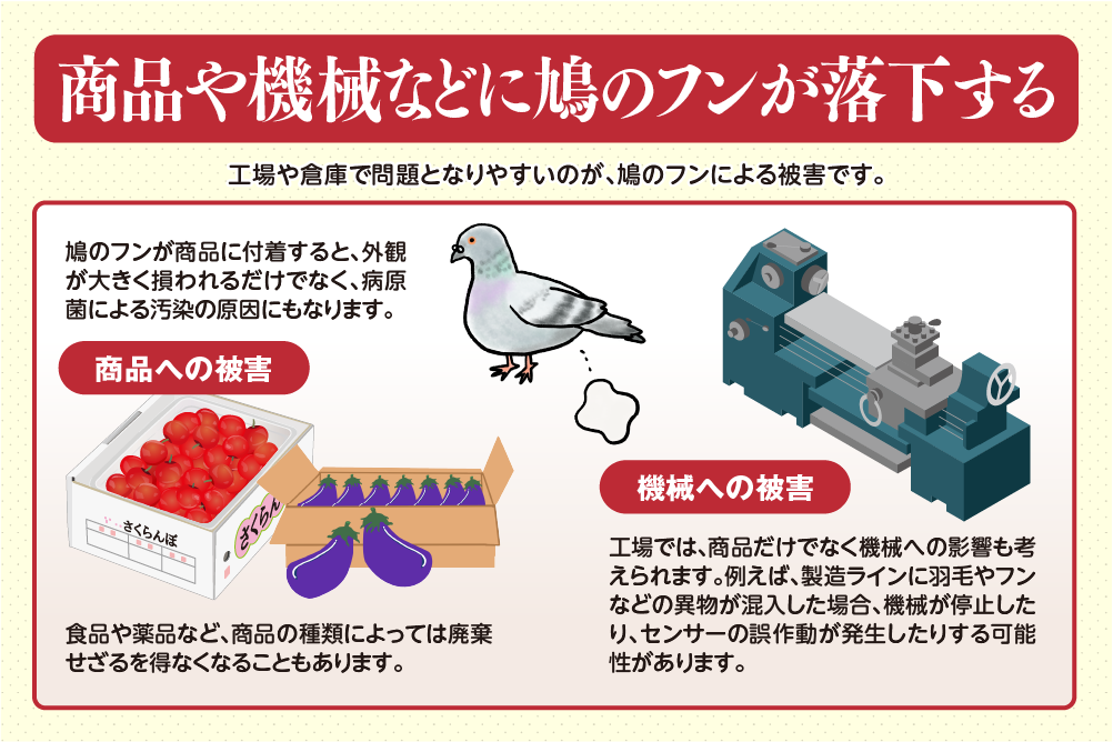 商品や機械などに鳩のフンが落下する